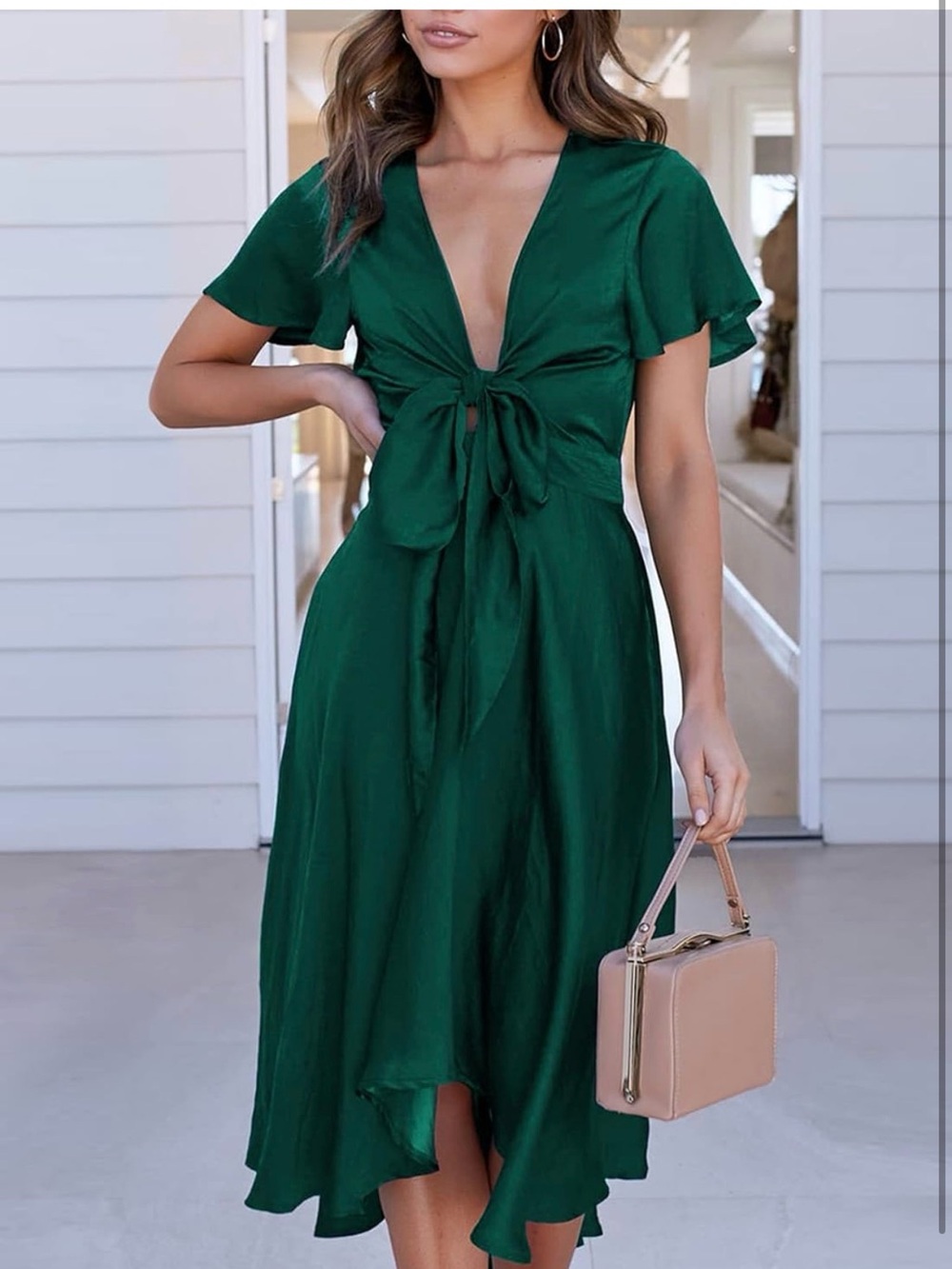 Deep Green Tie-Front Midi Dress with Flutter Sleeves